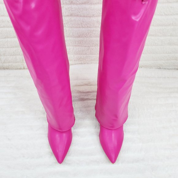 Paris Fuchsia Pink Skirted Fold Over 3.5" Block Heel Knee High Boots - Picture 5 of 9